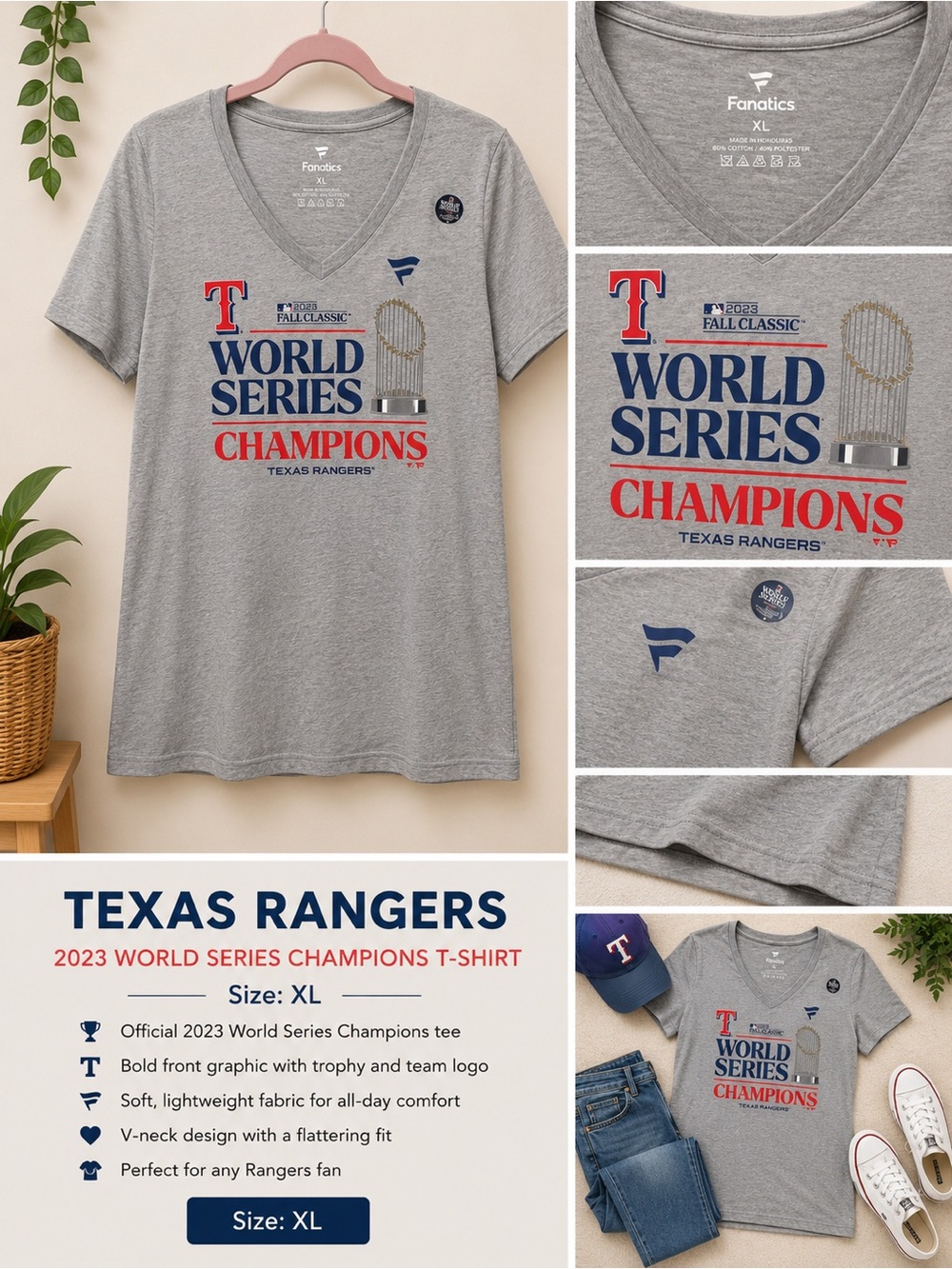 Fanatics Texas Rangers Gray V-Neck World Series Champions Tee